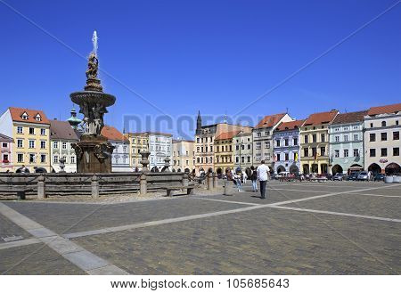 Fountain on the square in historic center of Ceske Budejovice.