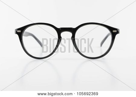 Black Round Shape Eyeglasses, Vintage Style, Isolated White Background With Reflection Shadow