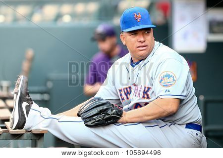 DENVER-AUG 21: New York Mets pitcher Bartolo Colon warms up before a game against the Colorado Rockies at Coors Field on August 21, 2015 in Denver, Colorado.