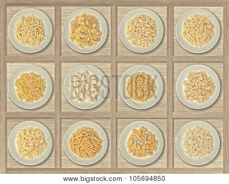 food background different kind of italian pasta