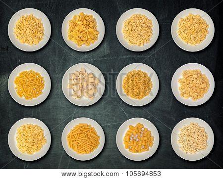 food background different kind of italian pasta