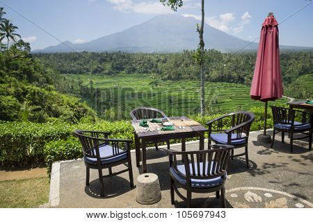 Restaurant decoration with terraces rice and volcano background