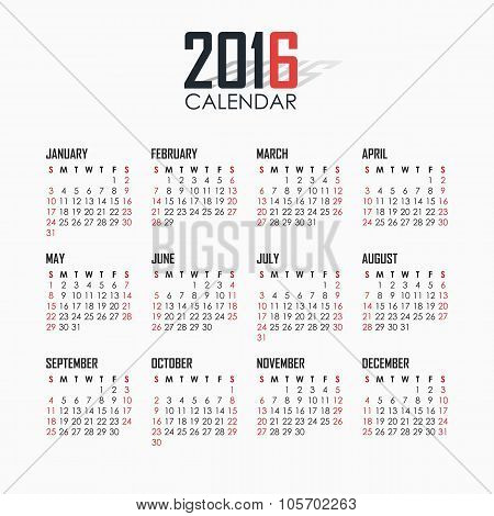 Calendar For 2016 On White Background.