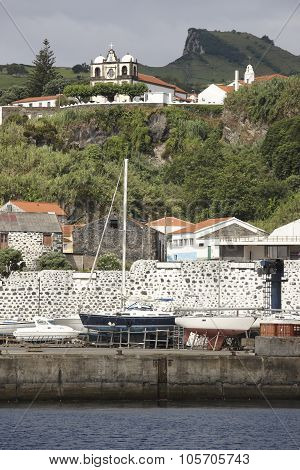 Azores Landscape In Lajes Das Flores With Sailboats And Church