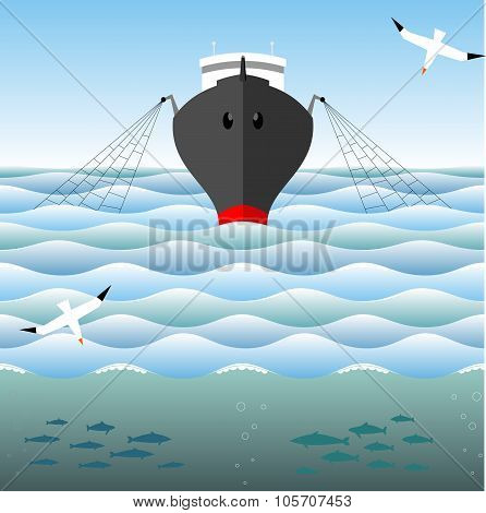 Fishing trawler on the high seas.
