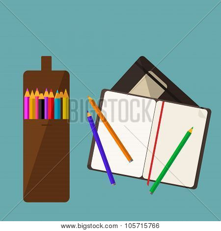 Colored Pencil Set And A Sketch Book Flat Icon