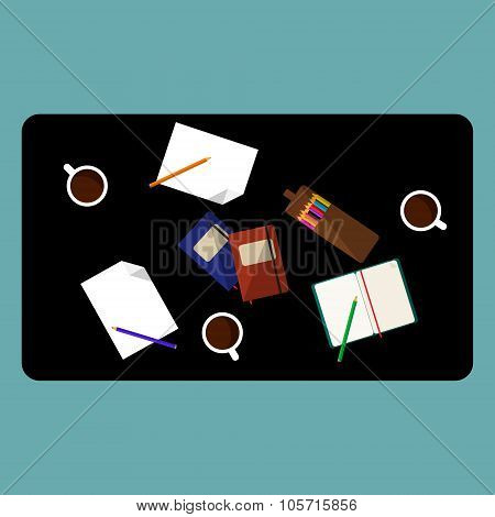 Office Desk With Equipment Top View