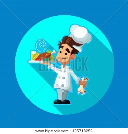 Round Flat Vector Icon With Chef Apple And Kitchenware
