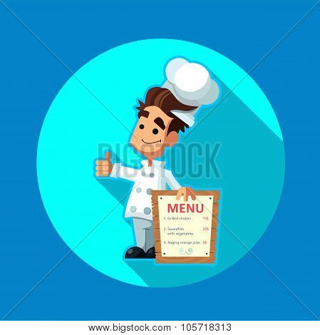 Round Flat Vector Icon With Chef Apple And Kitchenware