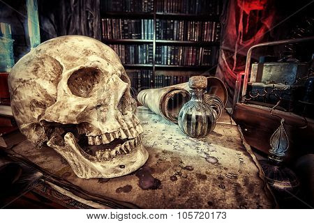 Medieval alchemist laboratory. Halloween. Fairy-tale interior.