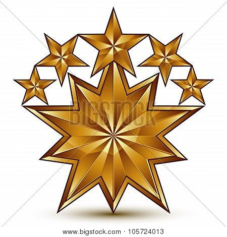 3D Vector Classic Royal Symbol, Sophisticated Golden Round Emblem With 5 Stars Isolated On White Bac