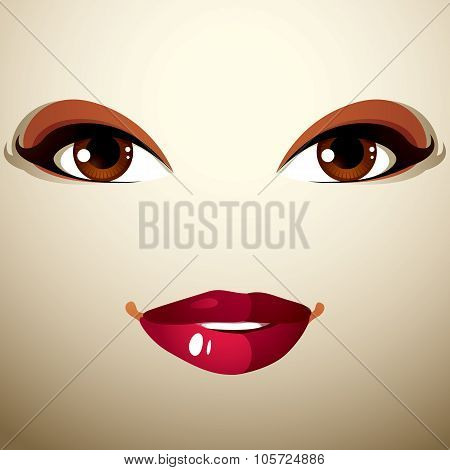 Coquette Glad Woman Eyes And Lips, Stylish Makeup. People Positive Facial Emotions, Happiness.