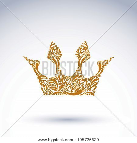 Flower-patterned Vector Crown, Art Royal Symbol. King Coronet Filled With Abstract Natural Pattern,