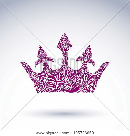 Flower-patterned Vector Crown, Art Royal Symbol. King Coronet Filled With Abstract Natural Pattern,