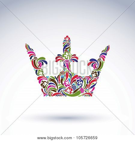 Colorful Flower-patterned Crown, Coronation Design Element. Classic Royal Accessory Decorated With A