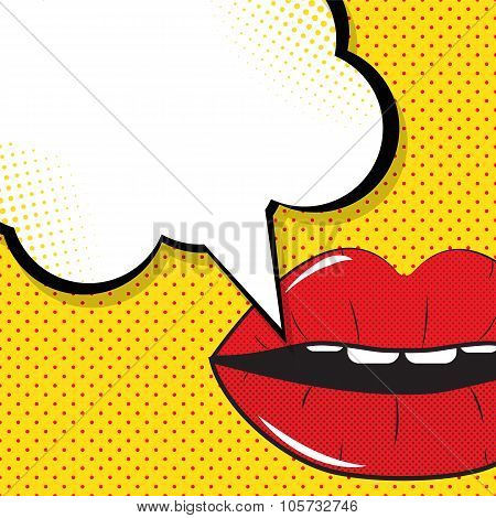 Open Red Lips with Speech Bubble Pop Art Background On Dot Backg