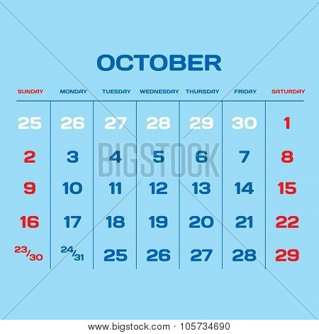 Calendar Vector Template 2016. October.