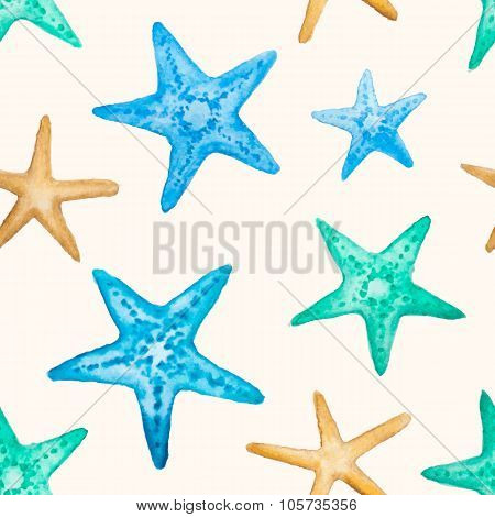 Vector seamless pattern with watercolor starfish