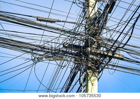 Messy Electrical Cables In Thailand - Uncovered Optical Fiber Technology Open Air Outdoors