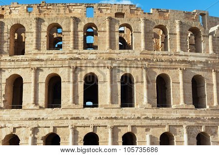 Exterior detail of the El Djem amphitheater in El Djem, Tunisia