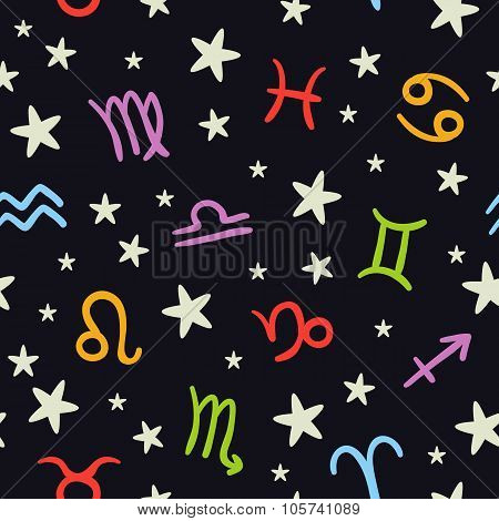 Doodle Seamless Pattern With Bright Zodiac Signs On Dark Background