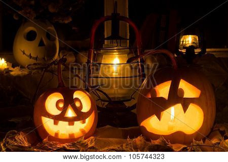 Photo Composition From Two Pumpkins On Halloween.