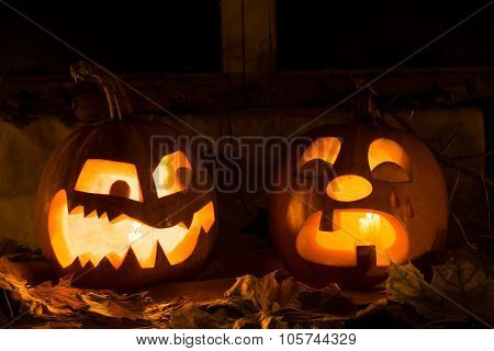 Photo Composition From Two Pumpkins On Halloween