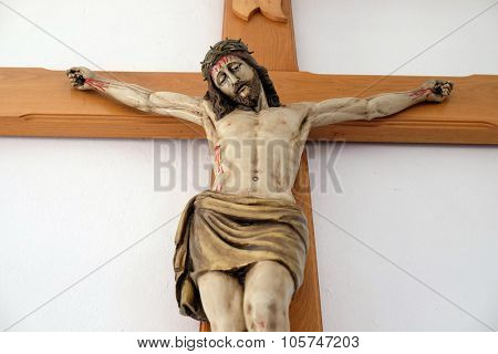 LIPIK, CROATIA - MAY 07: Crucifixion, Jesus died on the cross Church of Saint Francis of Assisi in Lipik, Croatia on May 07, 2015