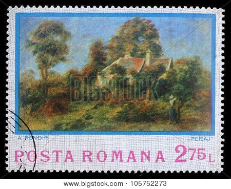 ROMANIA - CIRCA 1974: A stamp printed by Romania, shows picture Landscape by Auguste Renoir, circa 1974