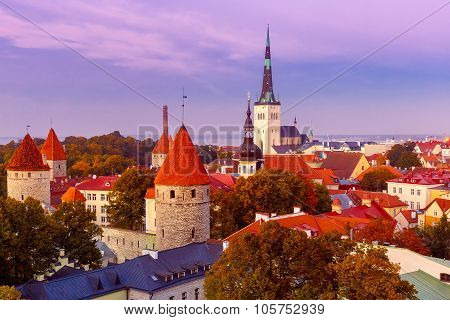 Aerial view old town in the twilight, Tallinn, Estonia