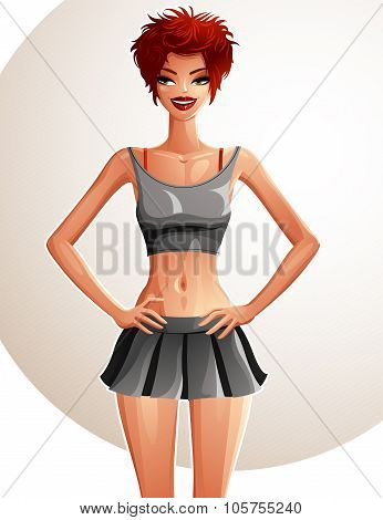 Full-length Portrait Of A Gorgeous Red-haired Sexy Lady Wearing Tennis Skirt And Top, Colorful D