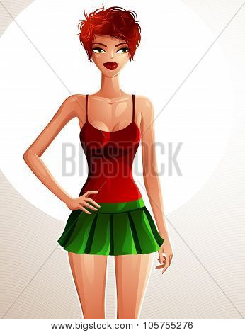 Full-length Portrait Of A Gorgeous Red-haired Sexy Lady Wearing Tennis Skirt And Top, Colorful D