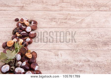 Chestnuts And Acorns On Wooden Backgtound With Space For Own Text
