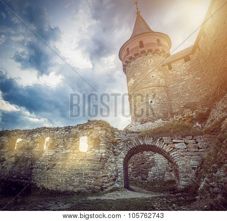 View on the castle in Kamianets-Podilskyi in the evening. Ukraine