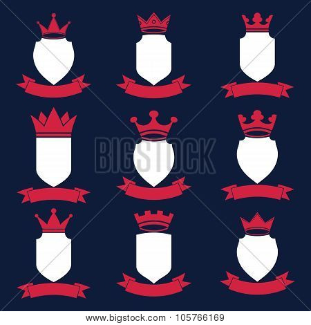 Collection Of Empire Design Elements. Heraldic Royal Coronet Illustration. Set Of Luxury Vector Shie