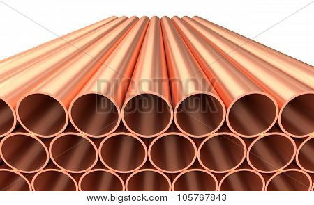 Shiny Copper Pipes In Rows Isolated On White