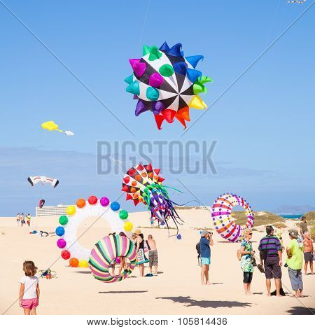 Fuerteventura - November 13: Viewers Watch From The Ground As Multicolored Kites Fill The Sky At 24T