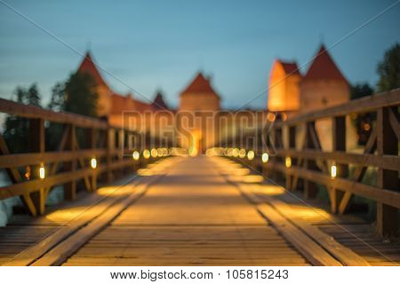 Lens blur of famous Trakai Island Castle in Lithuania next to Vilnius. Landmark in historical capital city of Grand Duchy of Lithuania, located in Galve lake