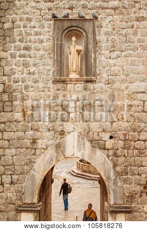 Statue of St Blaise above the gate to old town of Dubrovnik, Croatia