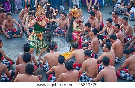 DENPASAR - JULY 27: Traditional Balinese Kecak dance shown in Denpasar, Bali, Indonesia on July 27, 2010. Kecak (also known as Ramayana Monkey Chant) is very popular cultural show on Bali