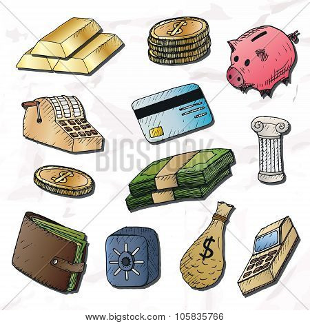 Money background. Isolated hand-drawn elements.