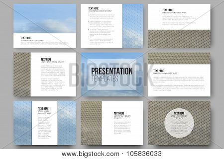 Set of 9 templates for presentation slides. Dry land and blue sky with clouds. Abstract multicolored