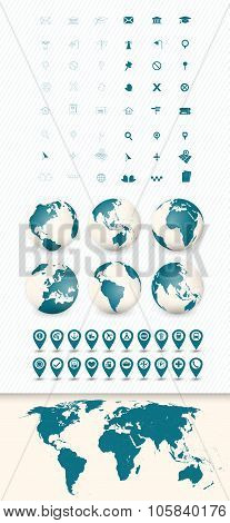 Detailed World Map And Navigation Icon Set With Globes