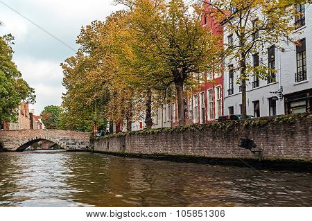Scenic City View Of Bruges, Belgium, Canal Spiegelrei