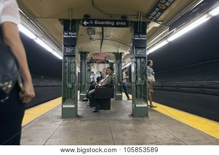 People Wait In Subway Station Jay Street Metro Tech In New York City