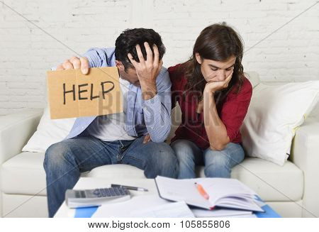 Young Couple Worried At Home In Bad Financial Situation Stress Asking For Help