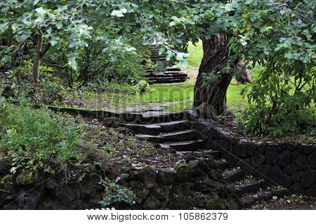 Stairs in Hellisgerdi Park in Hafnarfjordur, Iceland Where the Elves Live