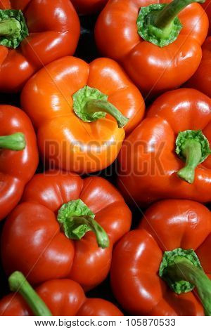 Red peppers viewed from above, close-up.