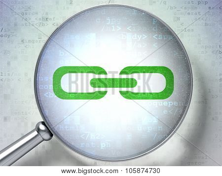 Web development concept: Link with optical glass on digital background