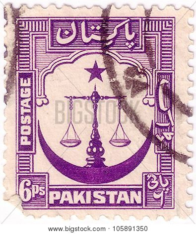 Pakistan - Circa 1948: A Stamp Printed In Pakistan Shows Scales Of Justice With Crescent Moon, Circa